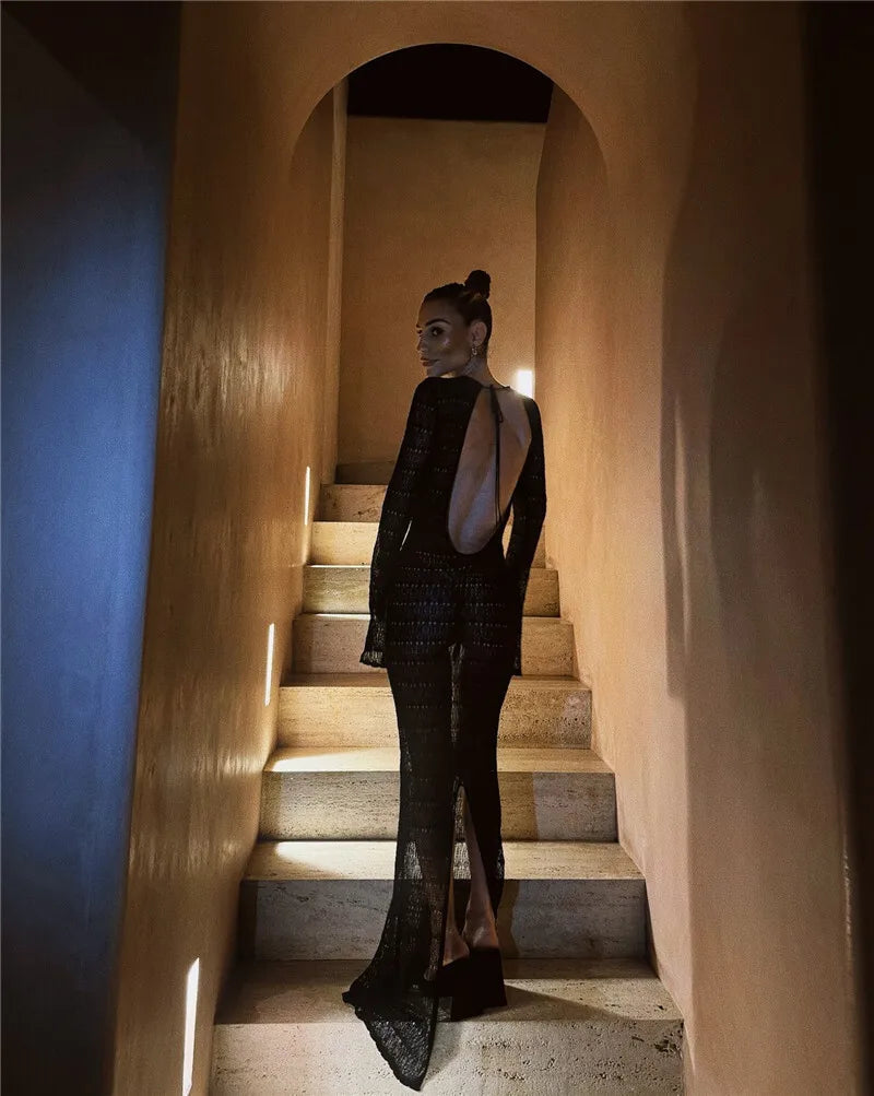 שמלת מקסי חוף סרוגה בעיטור סיכות בעיטור קשירה בגב פתוח - Mikayla