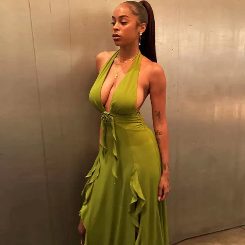 שמלת מקסי בעיטור מלמלה ופרח גב פתוח  - Maxine