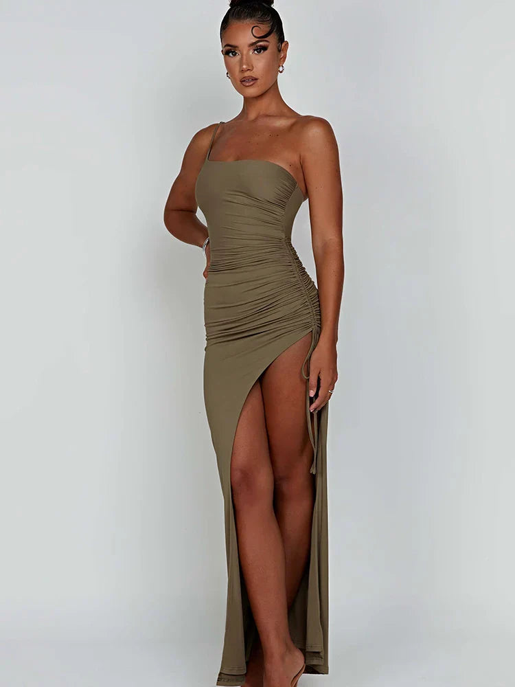 שמלת מקסי כיווצים כתפיה אחת בעיצוב חוטי קשירה להתאמת השסע - ליב