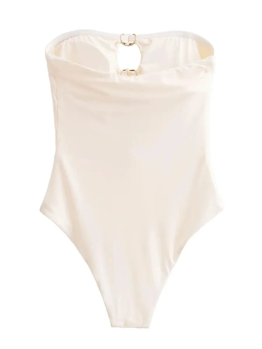 בגד ים שלם סטרפלס בעיצוב אבזמי לב זהב ופתחים - חושן