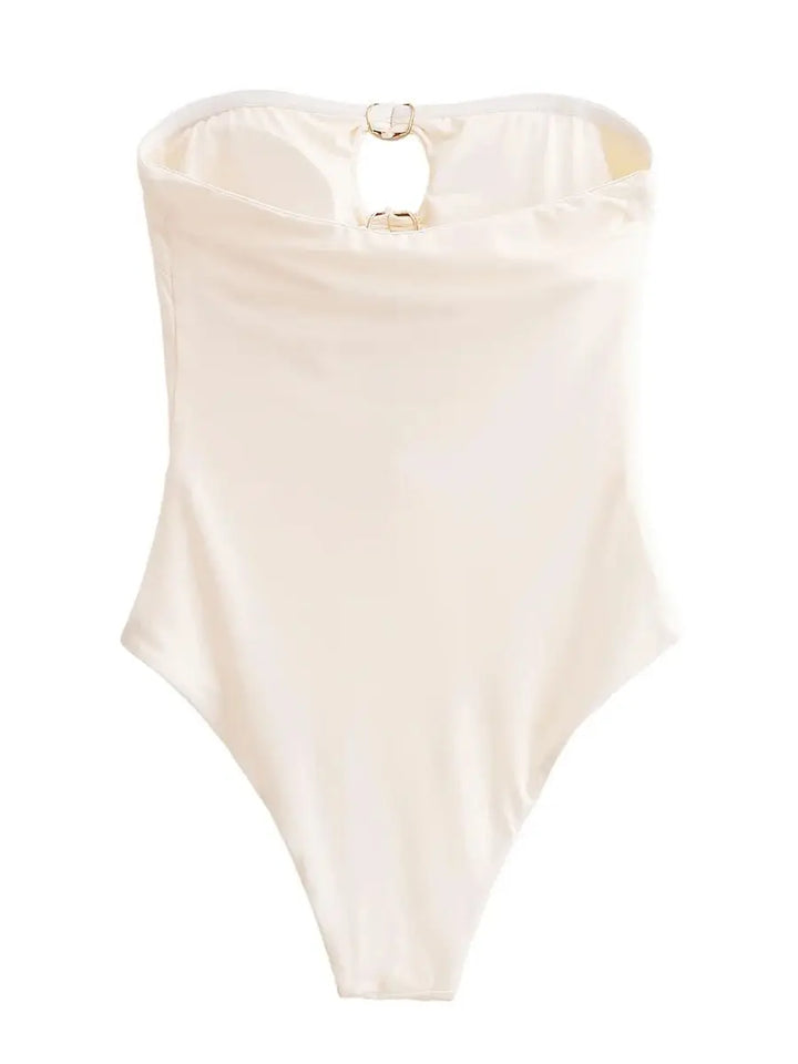 Strapless one-piece swimsuit with gold heart buckles and openings - Choshen 