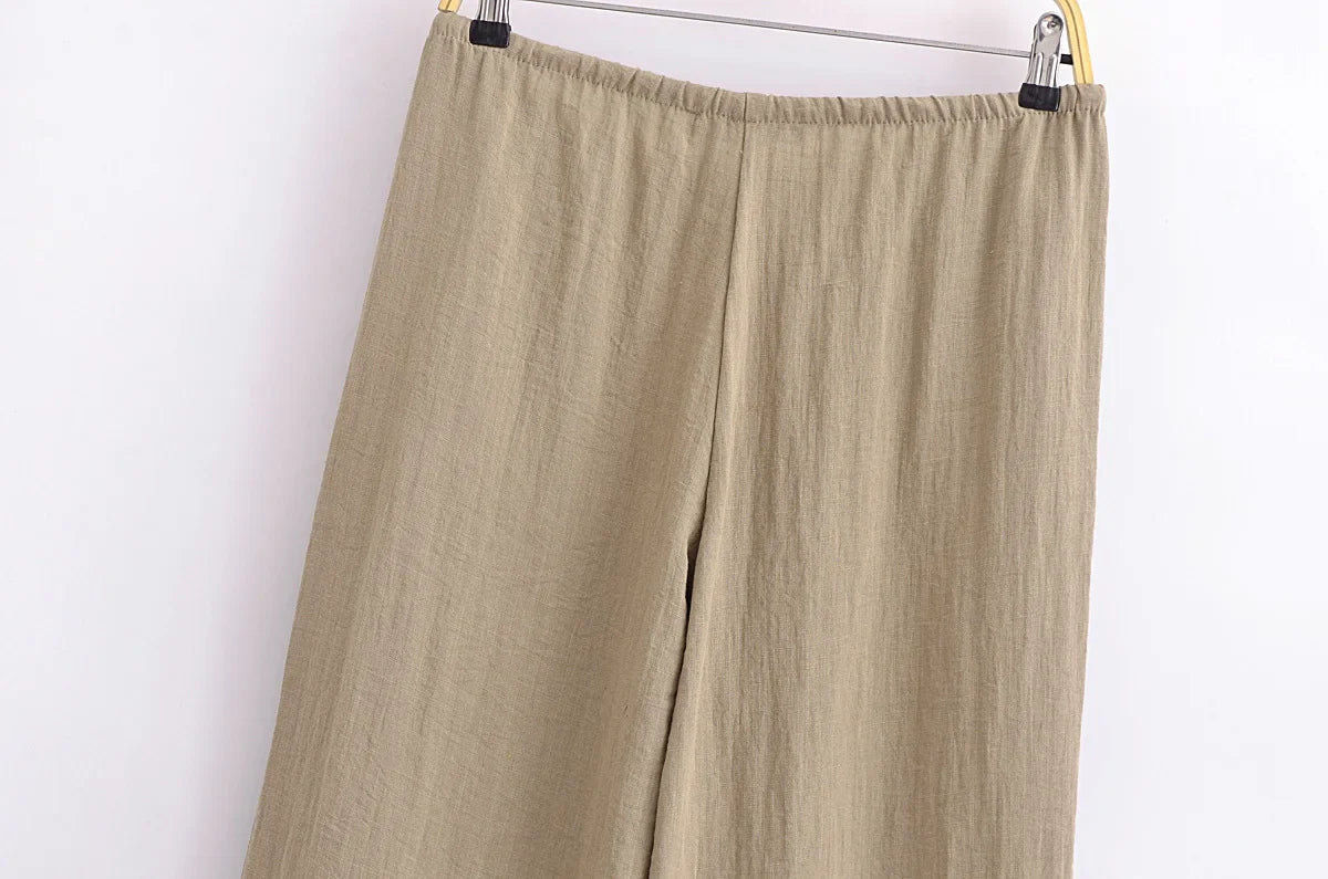 חליפת פשתן שני חלקים חולצת קשירה ומכנסיים ארוכים - אווה