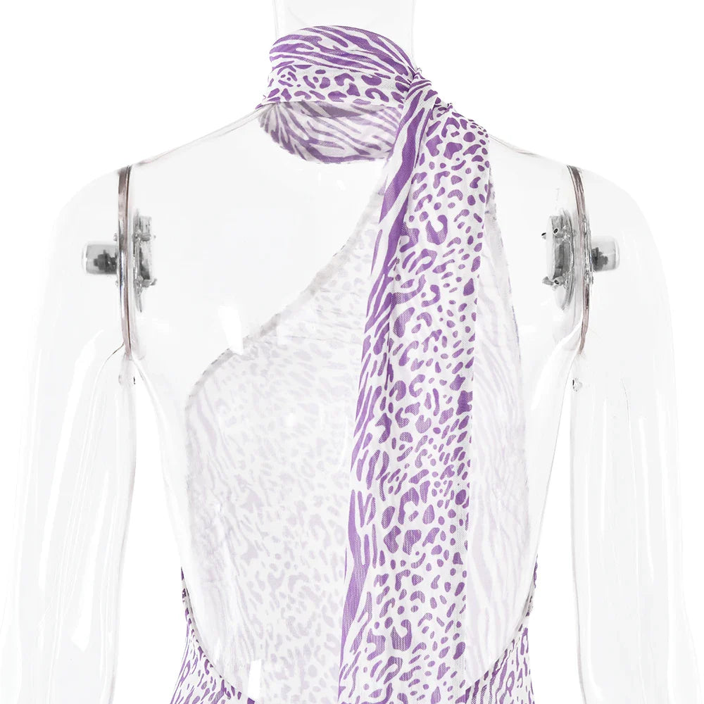 שמלת מקסי רשת מנומרת גב פתוח קשירה בצוואר - Jessica