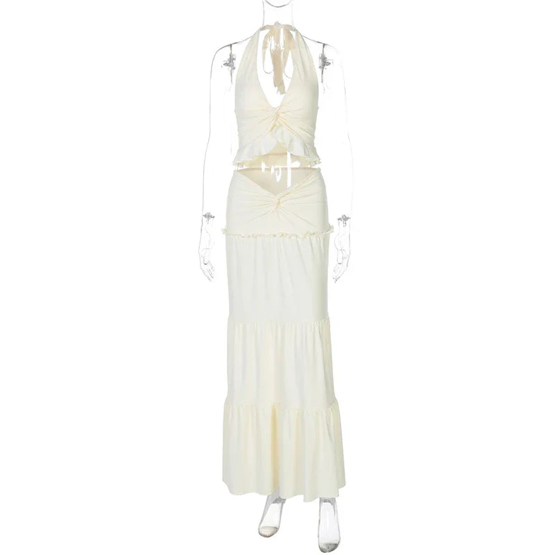 סט שני חלקים חצאית מקסי וטופ קשירה בצוואר - לורנזה