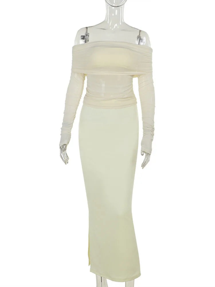 סט שני חלקים חצאית מקסי וחולצת רשת כתפיים חשופות - בלינה