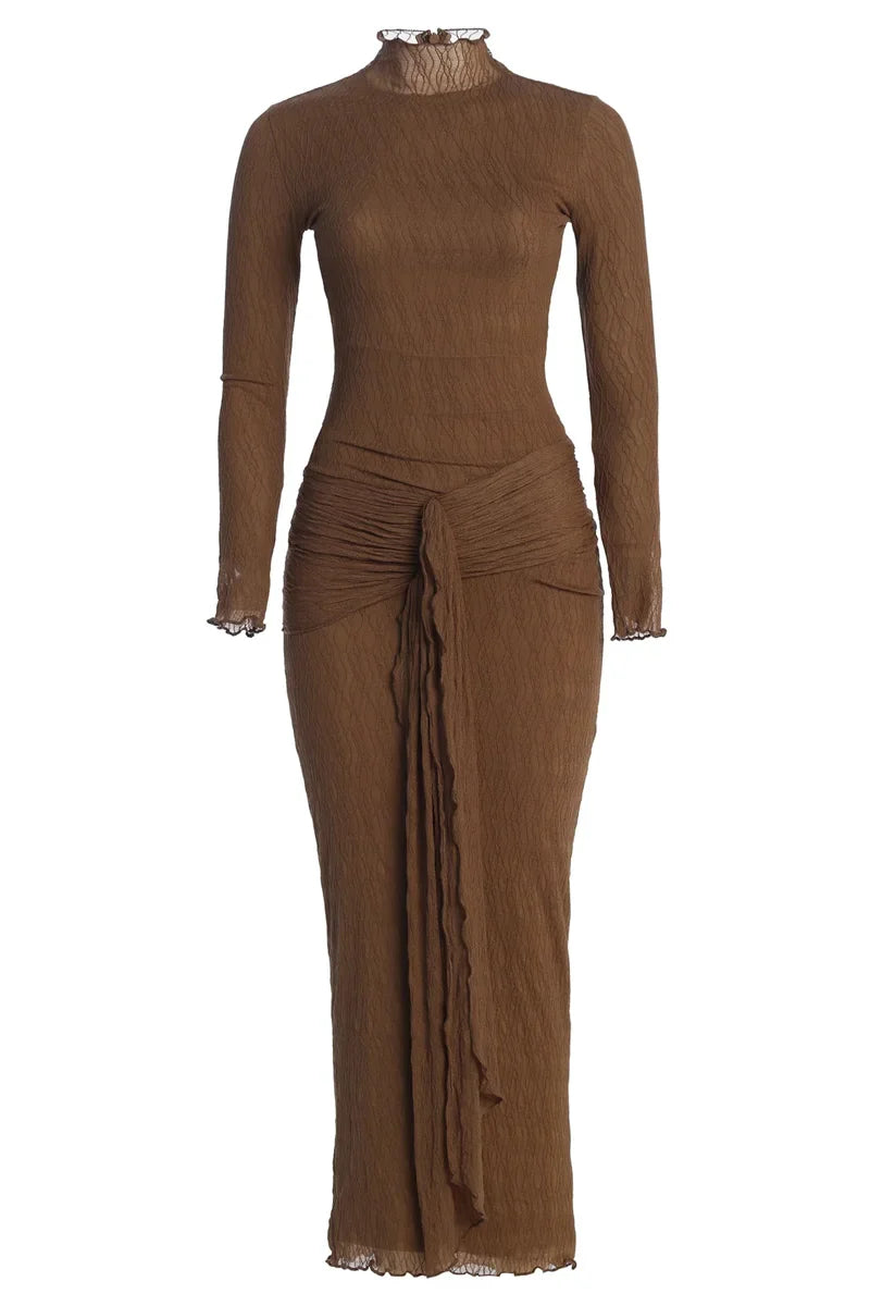 שמלת מקסי כיווצים בעיטור קשירה צווארון גולף - הלסי