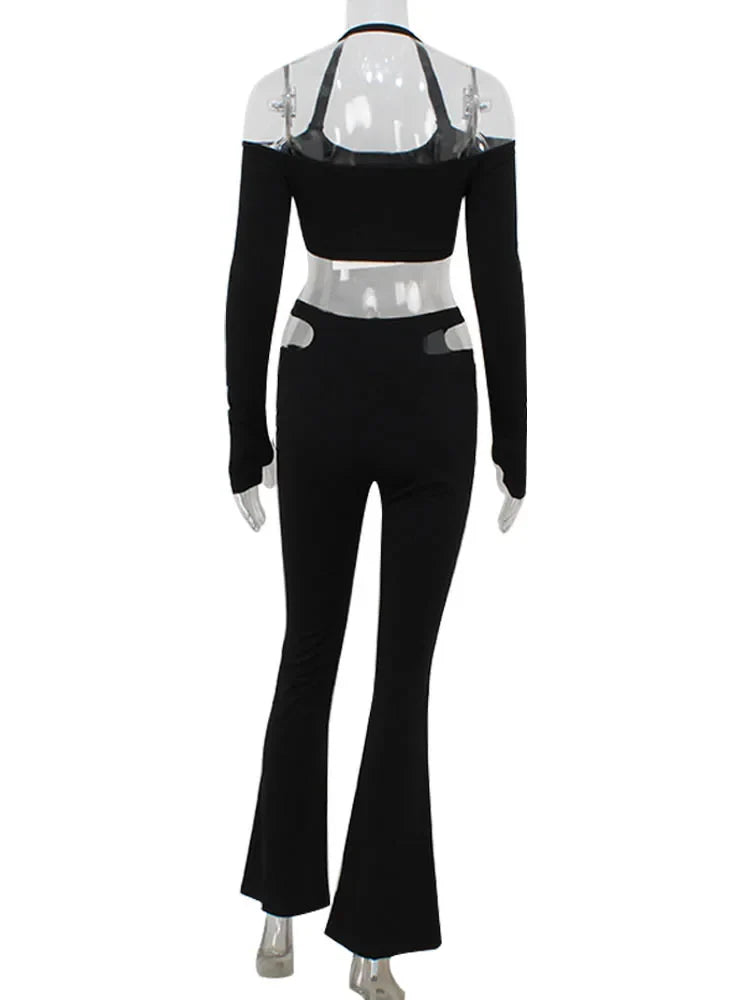 סט שני חלקים בעיצוב פתחים טופ קולר ומכנס פדלפון - סטייס