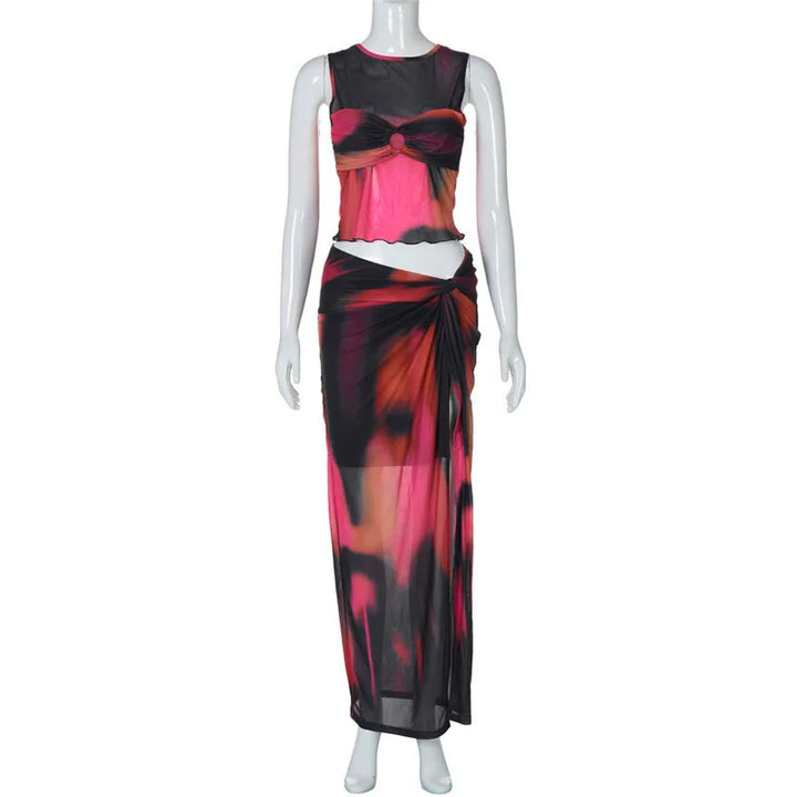 Two-piece set of mesh fabric with tie-dye design, top and maxi skirt with slit decoration - Florence