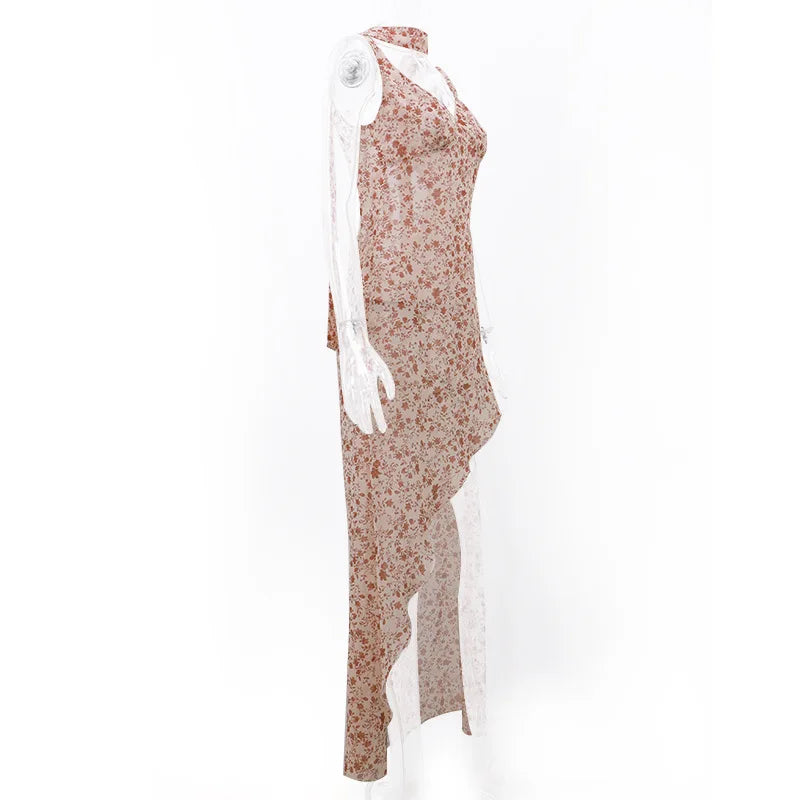 שמלת מקסי פרחונית גב פתוח שסע בתוספת צעיף - אליי