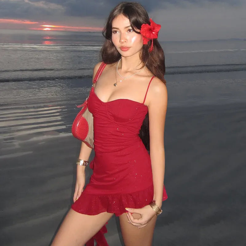 שמלת מיני נצנצים בעיצוב אסימטרי בעיטור מלמלה - קסם