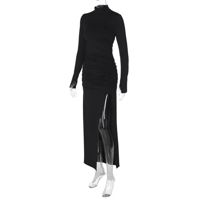 שמלת מקסי כיווצים צווארון גולף בעיצוב שסע עמוק - סאשה