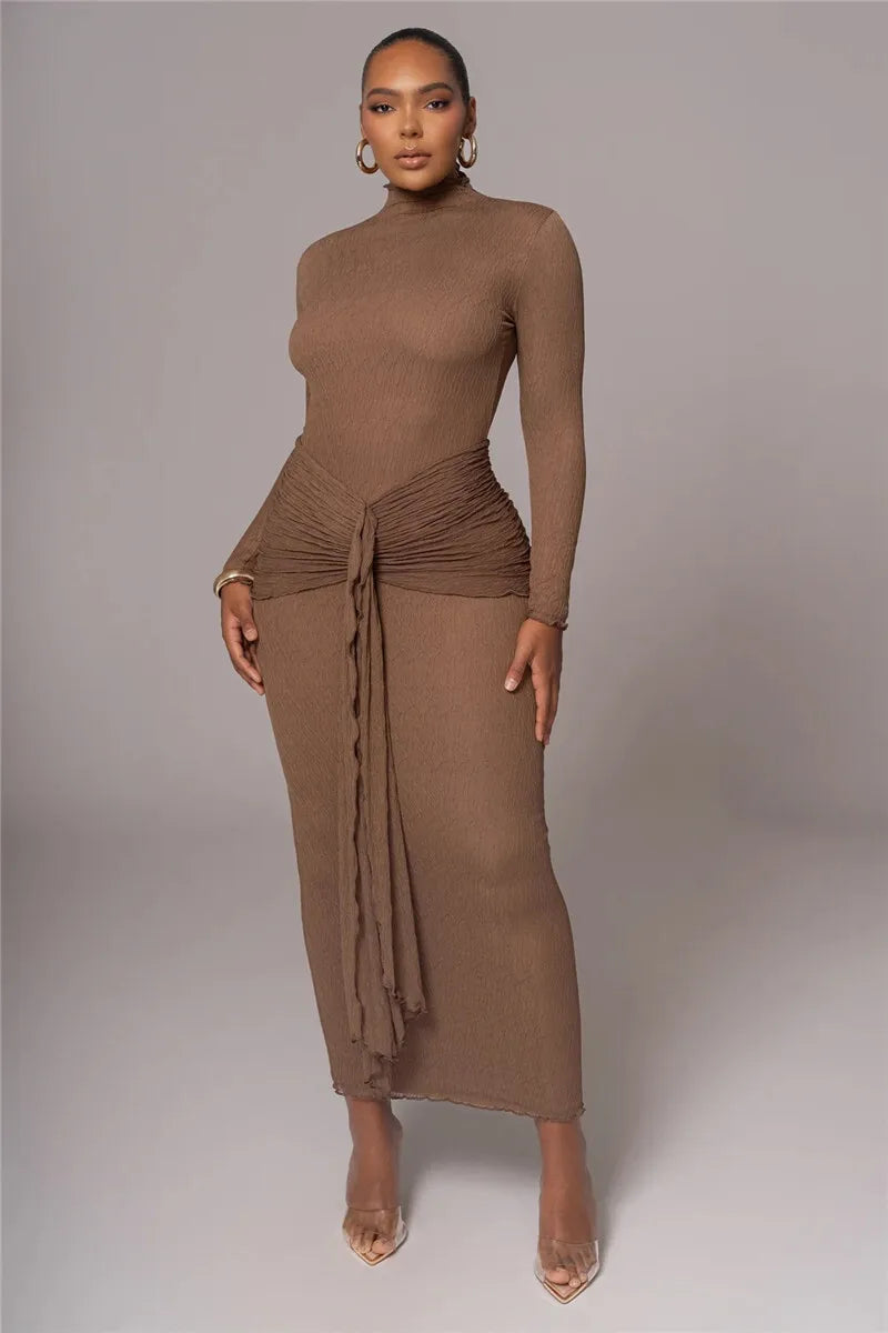 שמלת מקסי כיווצים בעיטור קשירה צווארון גולף - הלסי