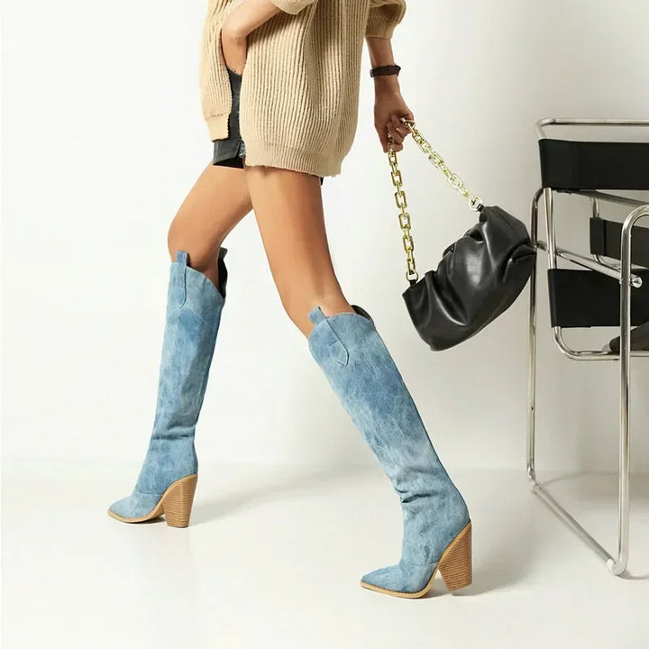 High denim pointed heel boots - Fern