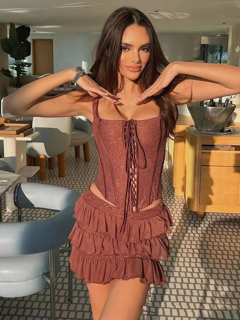 סט שני חלקים טופ מחוך קשירות וחצאית מלמלה מדורגת סטייל וינטג' - סורנטו