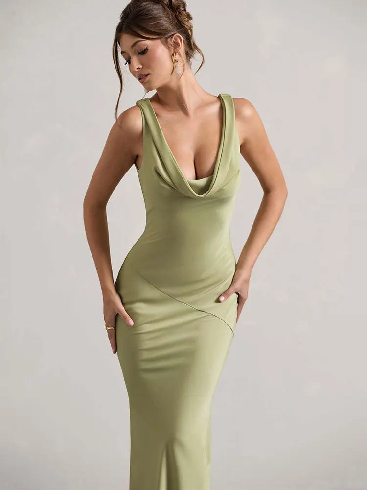 שמלת מקסי סאטן בעיצוב צווארון נופל וגב פתוח - אלקסיס