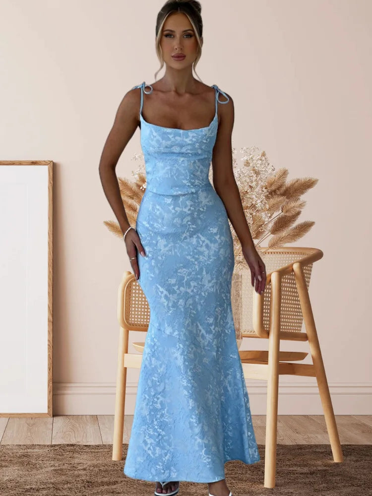 שמלת מקסי בעיצוב קשירה בכתפיות בעיטור רקמת איורי פרחים - לנואלה