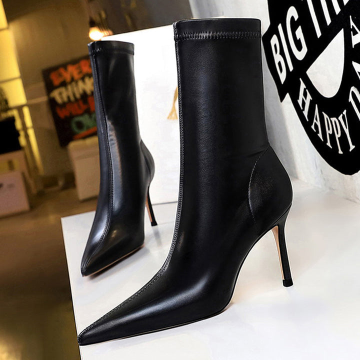 Faux leather heeled boots with warm fur lining - DORI