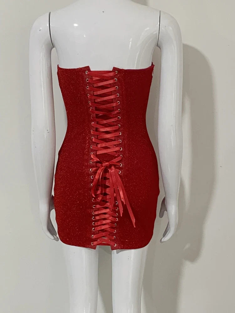 שמלת מיני סטרפלס נצנצים קשירות בגב להצרה והצמדה - טוהר