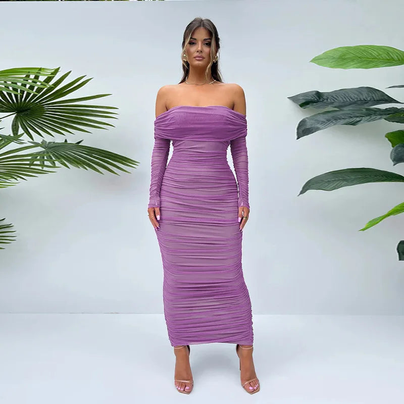 שמלת מקסי כיווצים כתפיים חשופות - ARIA