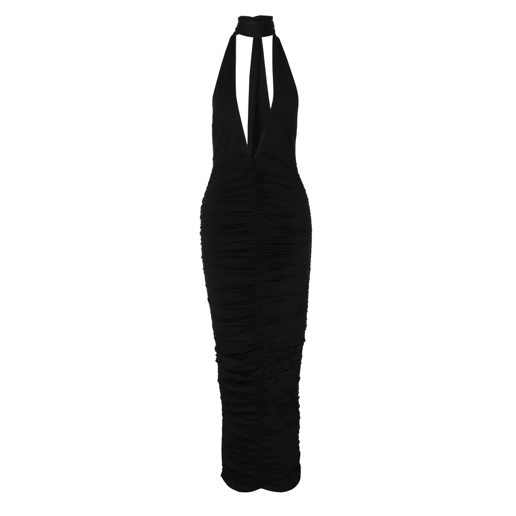 שמלת מקסי קולר כיווצים צמודה צווארון V גב פתוח - Jimena