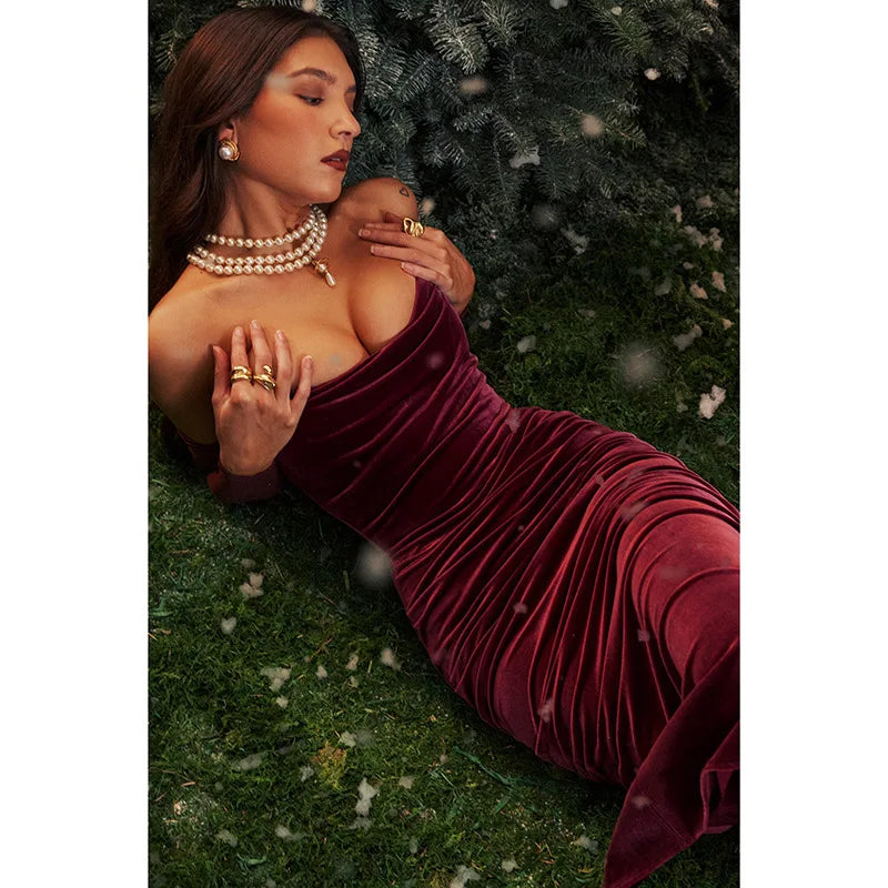 שמלת מידי קטיפה בעיטור קיפולים כתפיים חשופות שרוולי רשת - Johanna