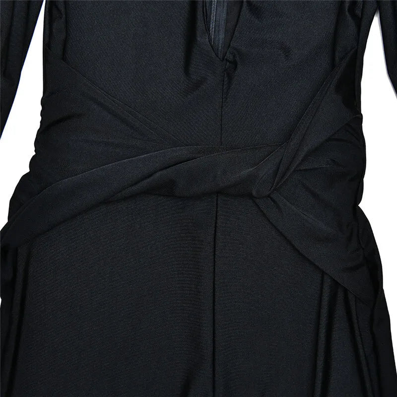 אוברול צמוד ארוך בד מחטב בעיצוב מחשוף V עמוק בעיטור קרוס - לייני