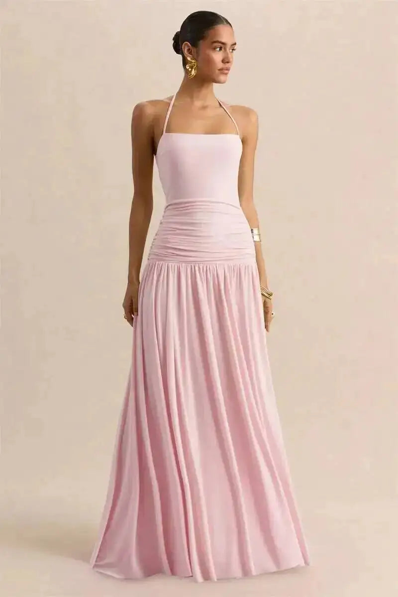 Pleated maxi dress with a neck tie and open back - Tuval