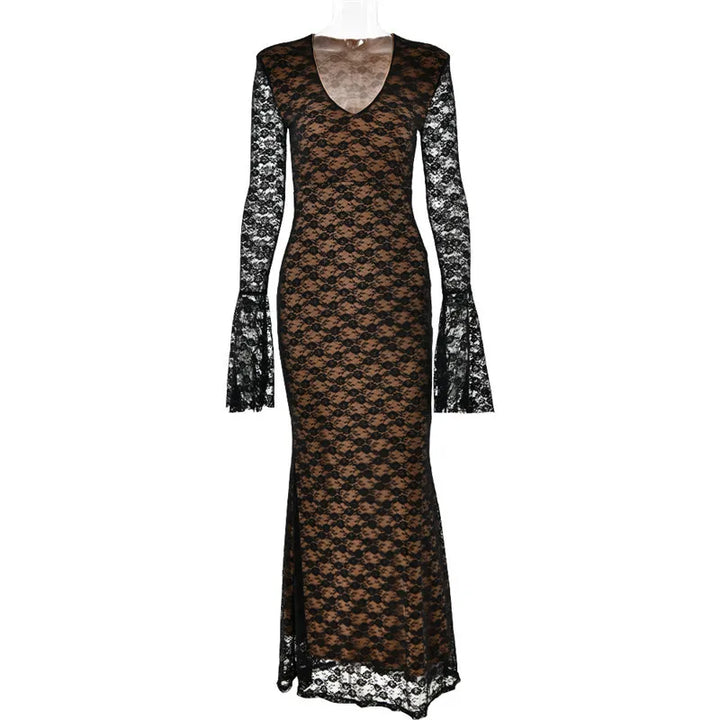 Bell Sleeve Lace Maxi Dress V Neckline - Zohara