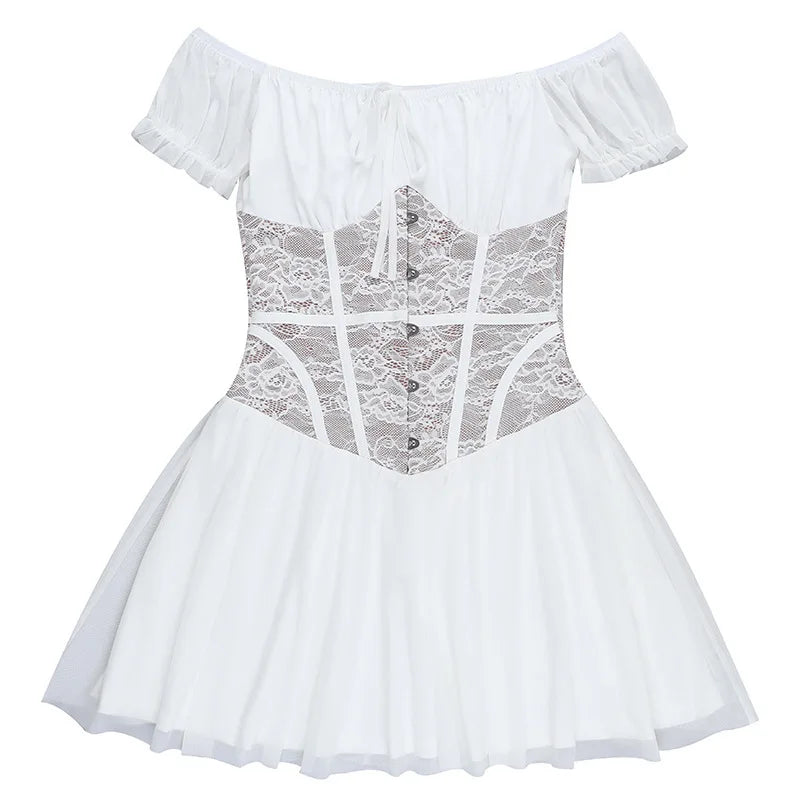 Off-the-shoulder balloon mini dress with lace trim - Fudge
