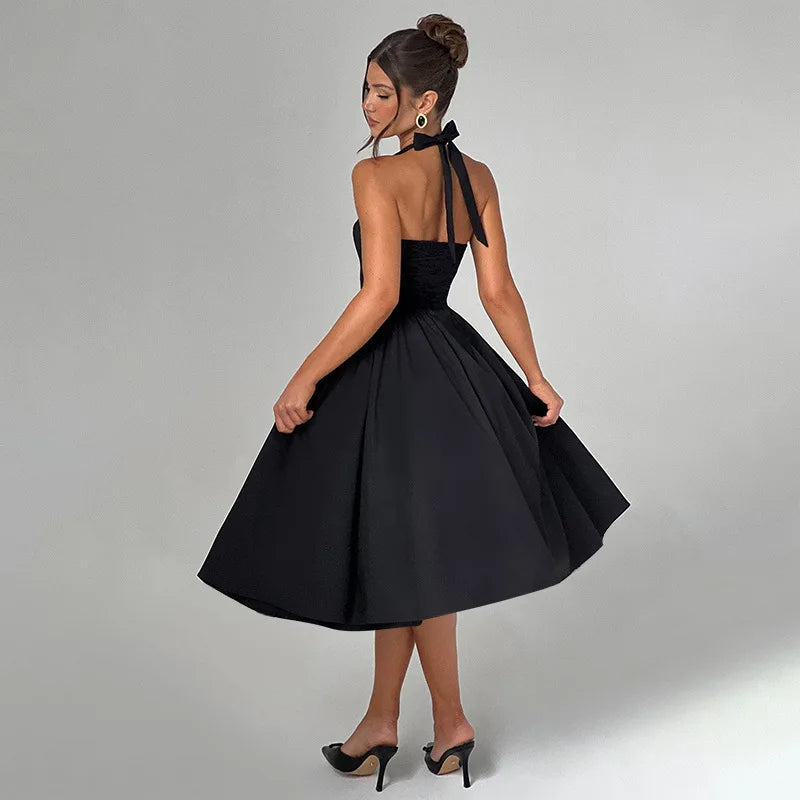 שמלת מידי בגזרת A גב פתוח קשירה בצוואר - Angie