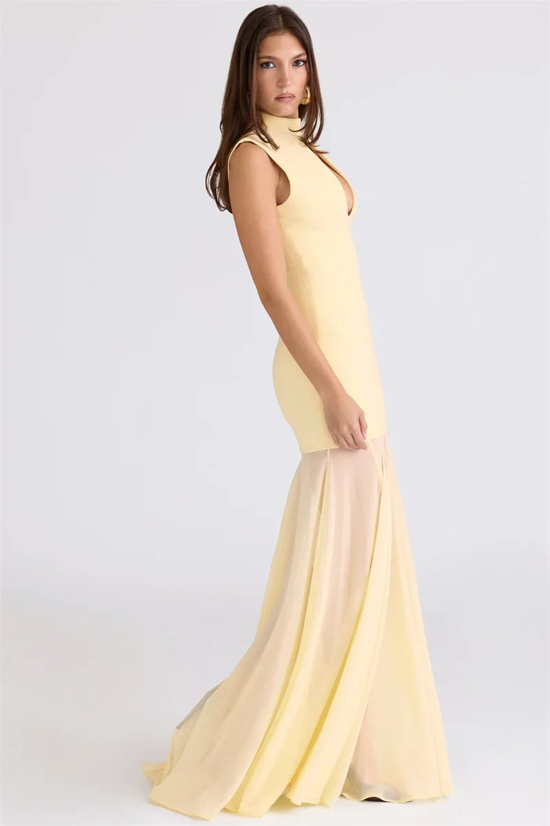 Maxi Dress with Collar and Chiffon Design - DARIA