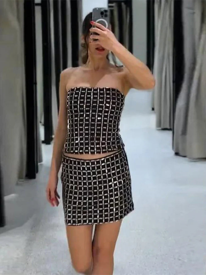 Strapless top/mini skirt/maxi dress/maxi dress with sparkling rhinestones