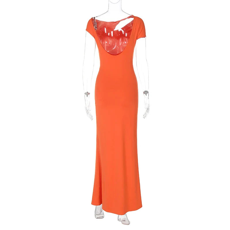 שמלת מקסי גב פתוח בעיטור אבזם פרח - מרינה