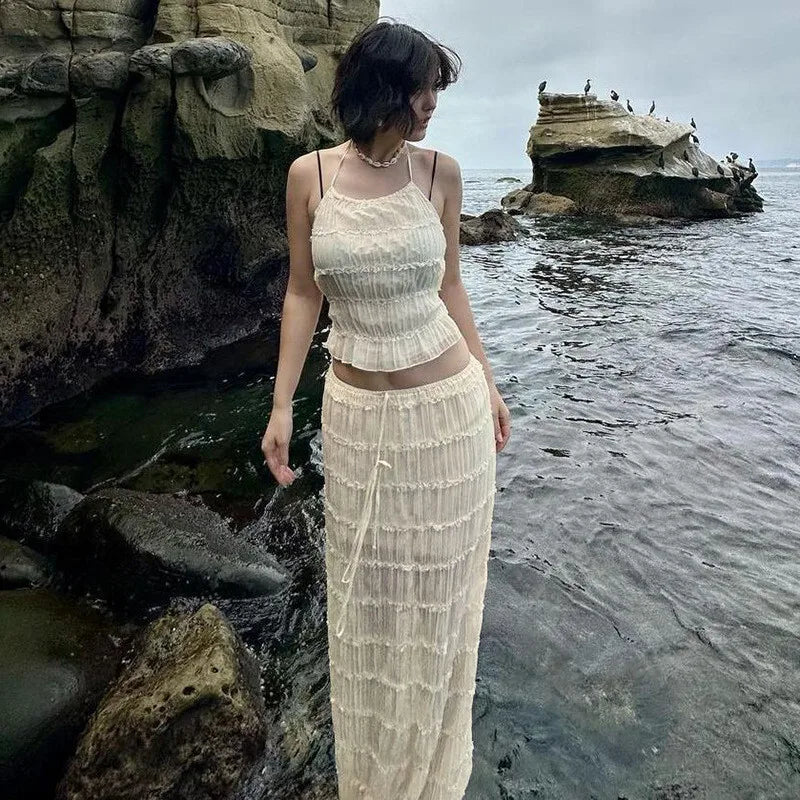 סט שני חלקים בעיצוב שיפון וכיווצים טופ קשירה וחצאית מקסי - אורורה