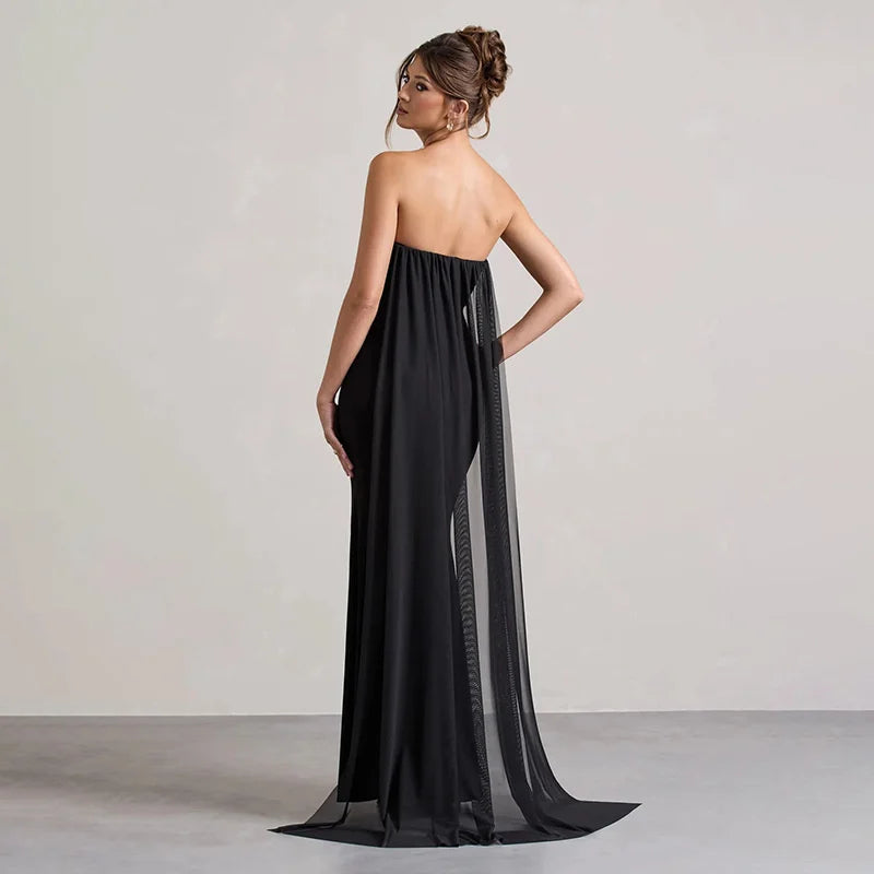 שמלת מקסי סטרפלס בעיצוב שסע ושובל שיפון בעיטור פרח - אנג'לס