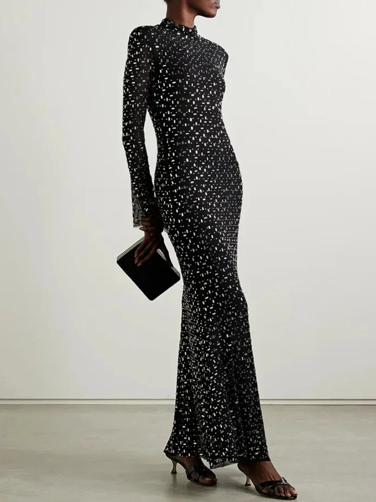 Luxurious maxi evening dress with sparkling diamond embellishment and turtleneck - Emerson