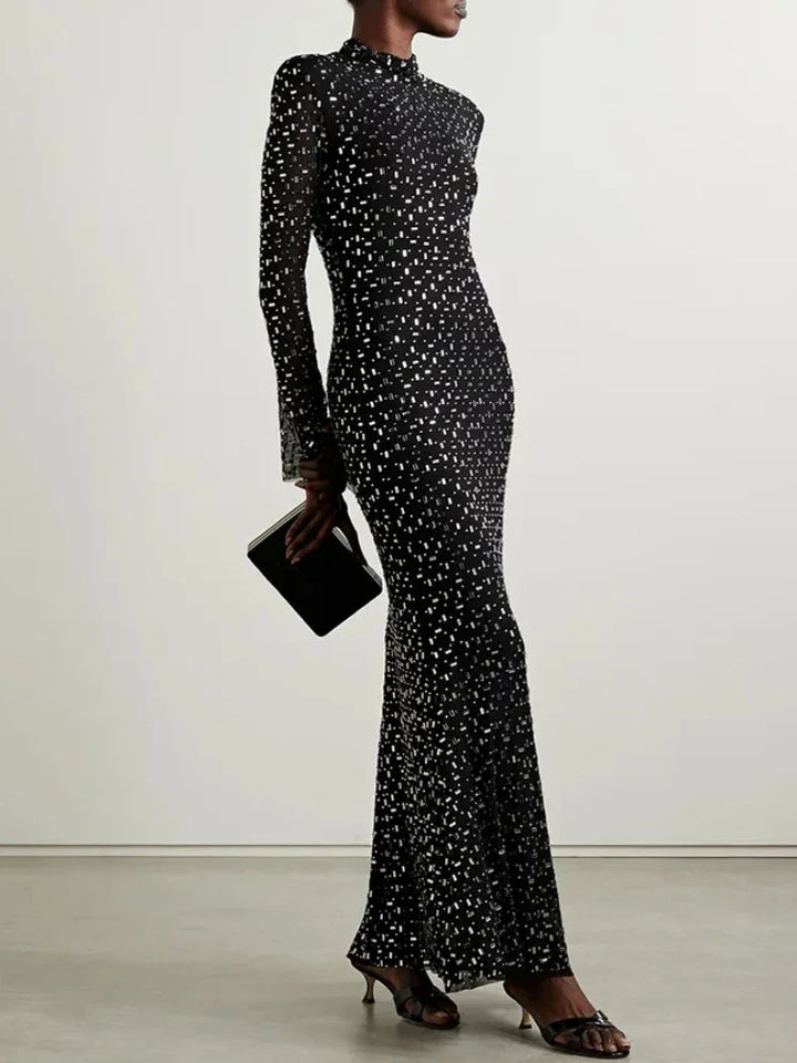 Luxurious maxi evening dress with sparkling diamond embellishment and turtleneck - Emerson