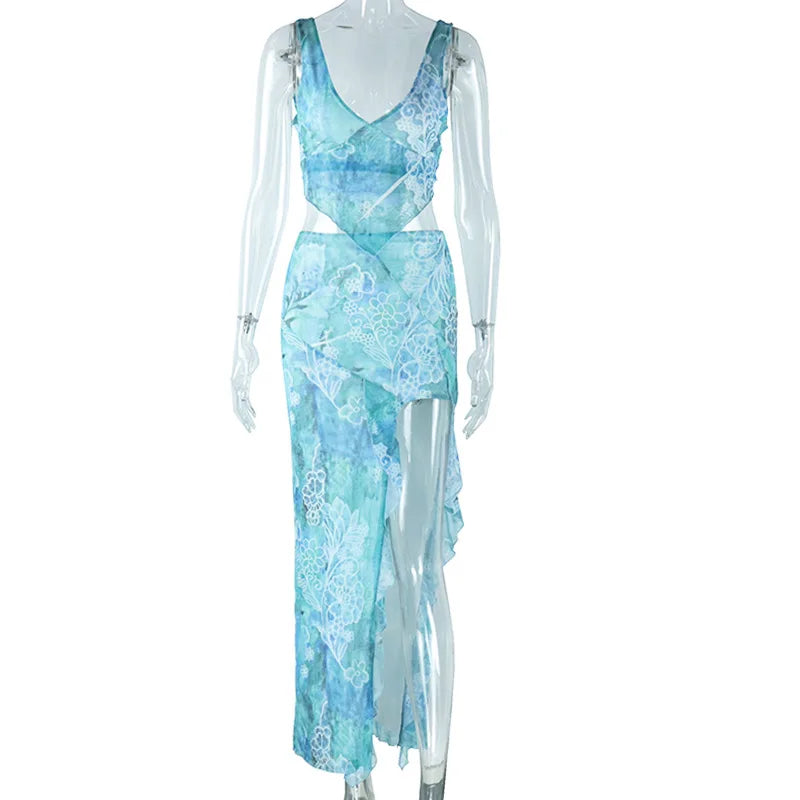 סט שני חלקים בהדפס טרופי טופ וחצאית מקסי מלמלה בעיצוב שסע - MAYA