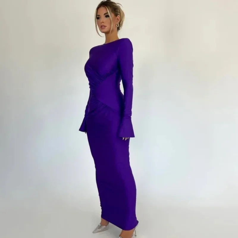 שמלת מקסי בעיצוב כיווצים בד מבריק ומחטב - ענהאל