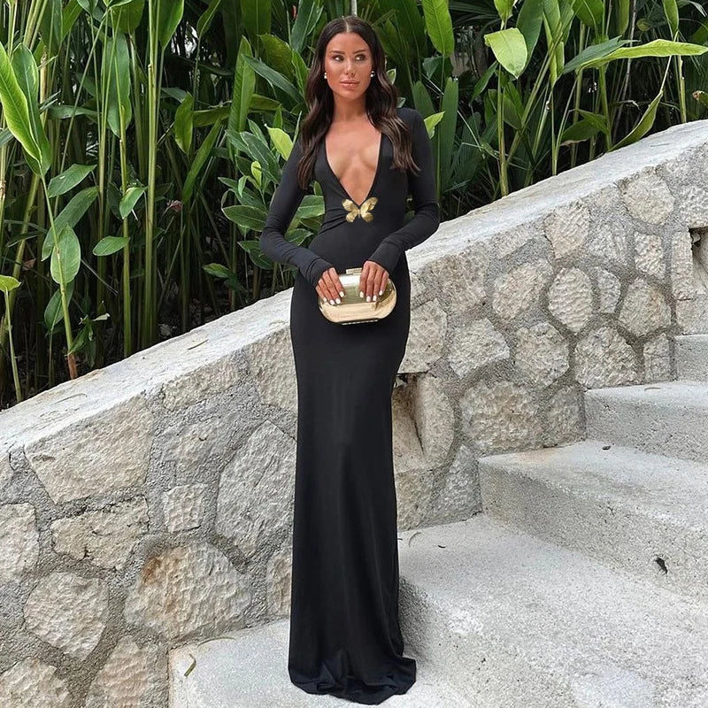 שמלת מקסי מחשוף V עמוק בעיטור פרפר זהב - מריפוסה