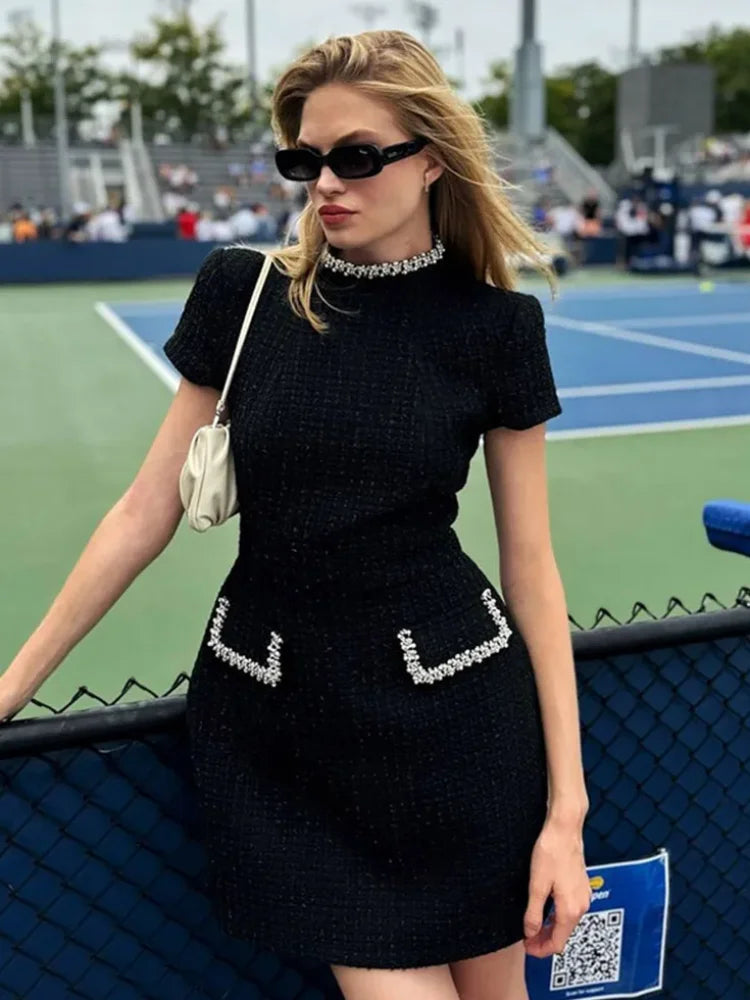 שמלת מיני אלגנטית שרוול קצר/ארוך סגנון מחויט בד ארוג בעיטור נצנצים ופנינים - Lucia