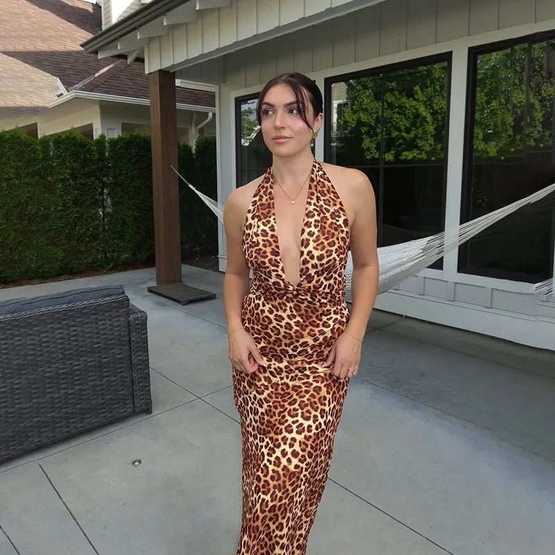 שמלת מקסי מנומרת קשירה בצוואר - RONA