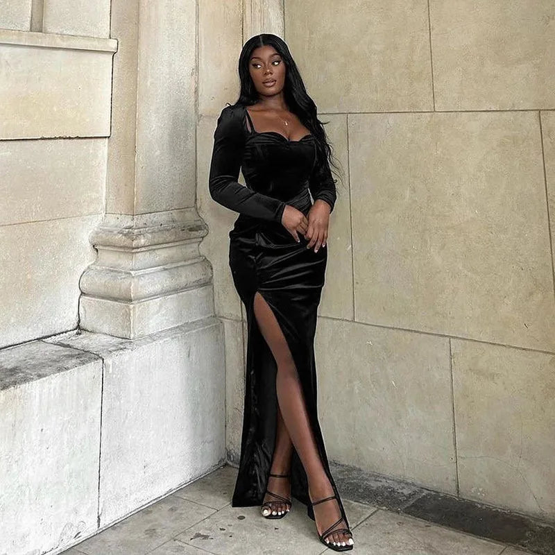 שמלת מקסי קטיפה בעיצוב שסע - פראג