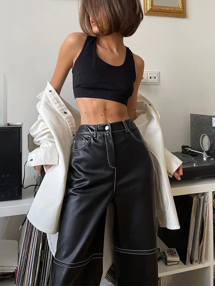 מכנסי דמוי עור גזרה גבוהה סגנון רופף - קורי