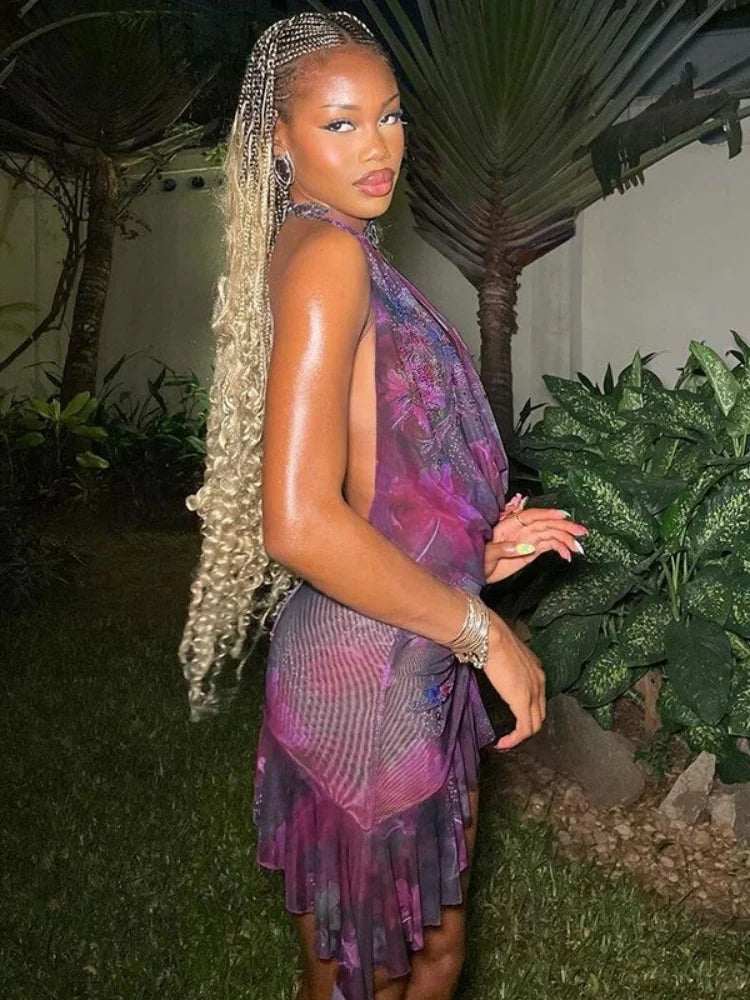 שמלת מיני קייצית בעיצוב צווארון נופל בעיטור מלמלה גב פתוח - Zariah