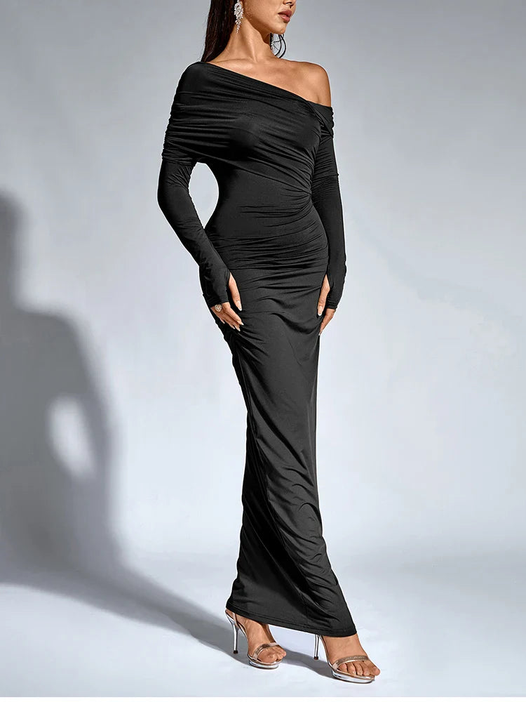 שמלת מקסי כיווצים בעיצוב כתף חשופה - שראלה