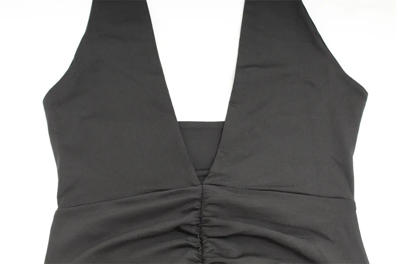 שמלת מקסי כיווצים מחשוף V קשירה בצוואר - Nevaeh