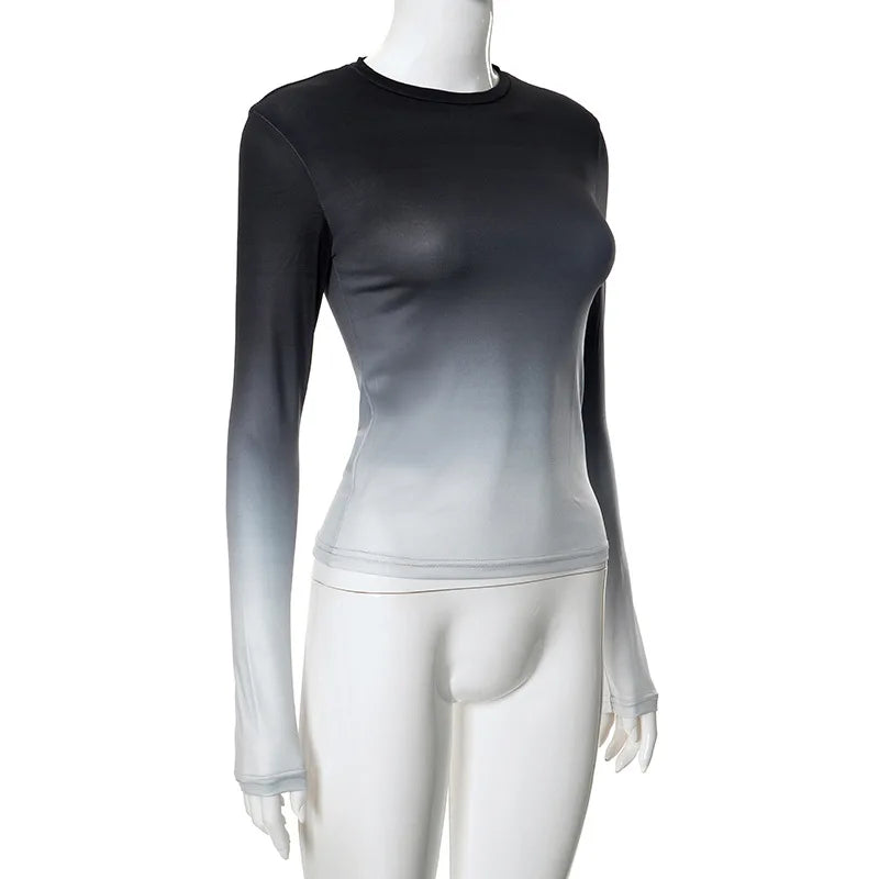 חולצת סתיו דקה שרוולים ארוכים בעיצוב אומברה צבעים - סייאנה