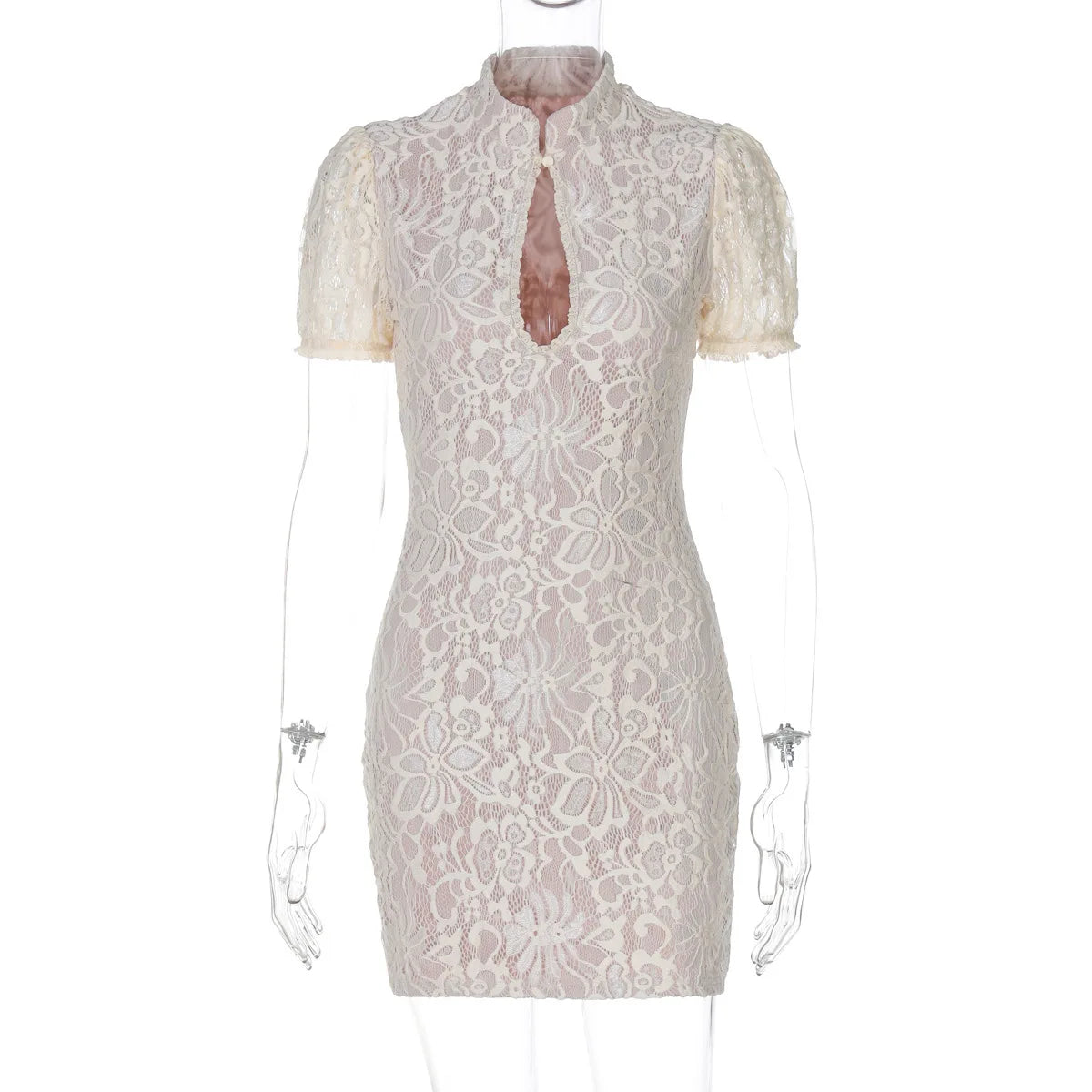 שמלת מיני תחרה צווארון גולף בעיטור כפתור - קימורה