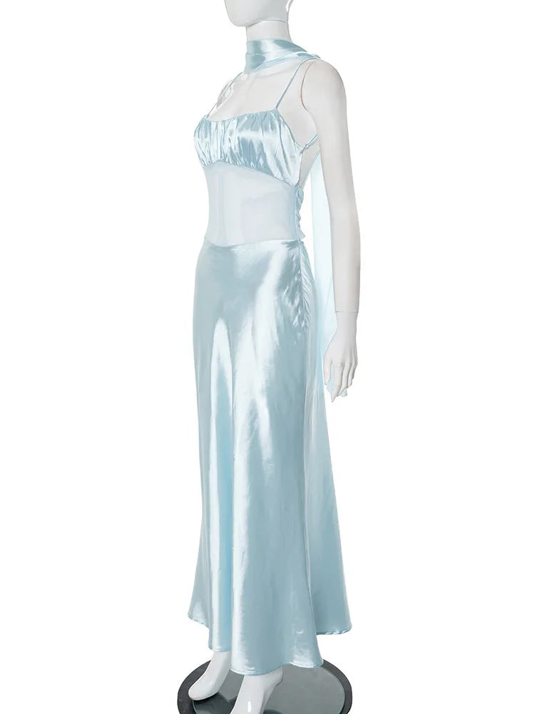 שמלת מקסי סאטן בעיטור רשת וצעיף תואם - סלסטה